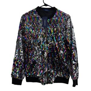 Cresay Sequin Bomber Jacket Womens Small Full Zip Colorful Festival Party NWT
